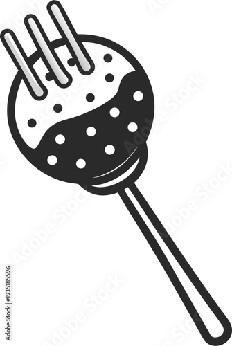 Single meatball on fork, simple bold outline, modern flat line style, black and white vector, isolated on white background.