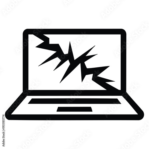 Damaged computer broken laptop icon with cracked screen symbolizing error crash problem or hardware failure needing repair service design