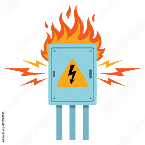 Damaged switchboard electrical panel caught on fire danger situation high voltage vector illustration suitable for risk and safety themes