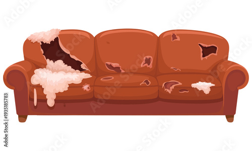 Damaged indoor old furniture broken sofa icon torn old couche isolated on white background messy seat vector interior cartoon style