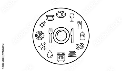 Kitchen Dish and Plate Outline Icon Set Cleaning and Dishwasher Vector Illustration
