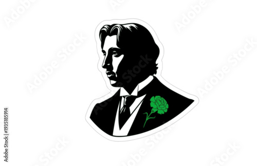 Oscar Wilde with Green Carnation Silhouette, Classic Literature Vector Sticker, Famous Author Illustration