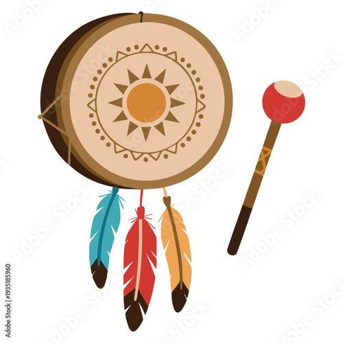 Decorated tambourine of american indians with feathers ethnic musical instrument vector illustration artwork