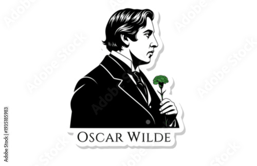 Oscar Wilde with Green Carnation Silhouette, Classic Literature Vector Sticker, Famous Author Illustration