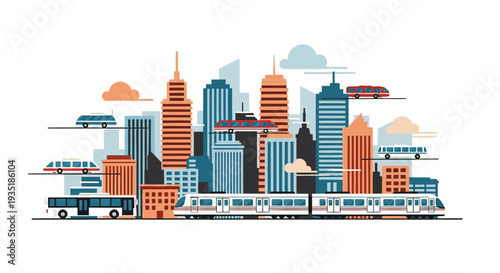 Cityscape with Modern Buildings and Transportation.