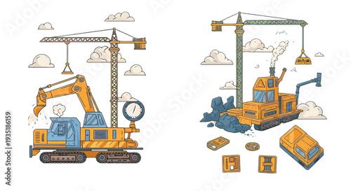 Construction Equipment Excavator Crane Cartoon Illustration.