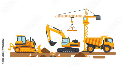 Construction Equipment Excavator Crane Dump Truck.