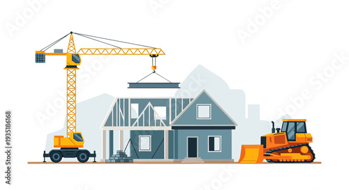 Construction Site with Crane and Machinery.