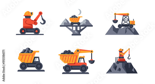Construction Vehicles and Equipment Icons Set.