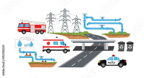 Emergency Vehicles and Utility Infrastructure Illustration.