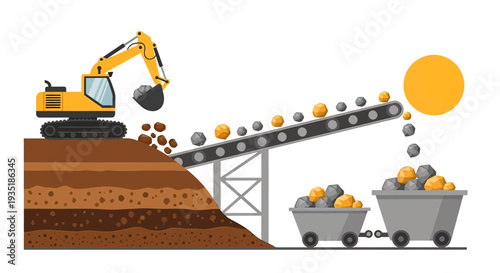 Excavator Loading Rocks onto Conveyor Belt.