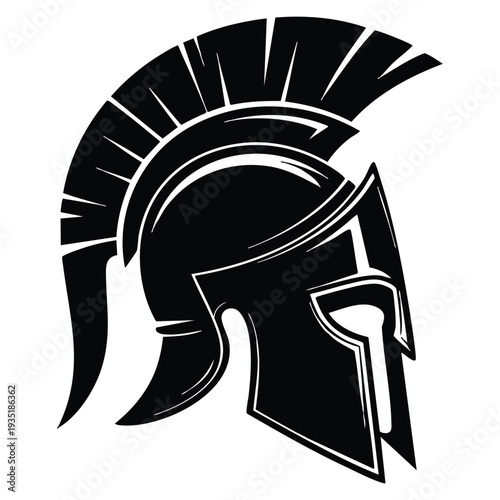 Detailed Greek helmet black and white illustration with feathered crest suitable for ancient warrior concept and historical artwork