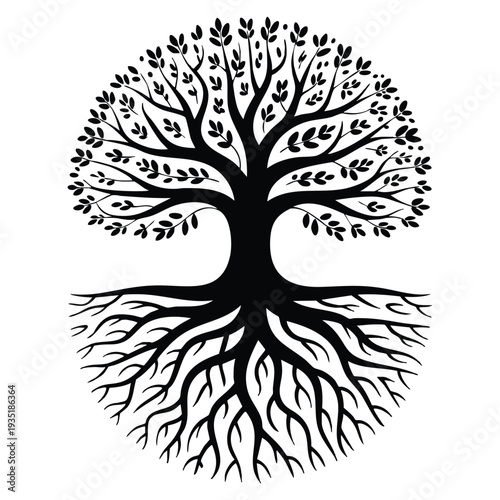 Detailed elegant tree design with crown and sprawling root system vector artwork perfect for nature life growth and decorative concept designs
