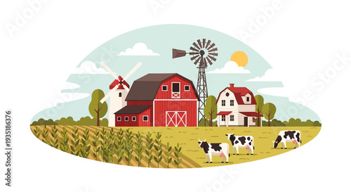 Farm Scene with Barn and Cows Grazing.