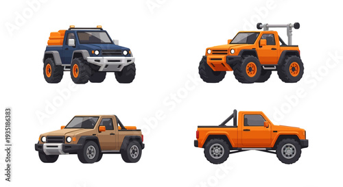 Four Different Colored Pickup Trucks Illustration.