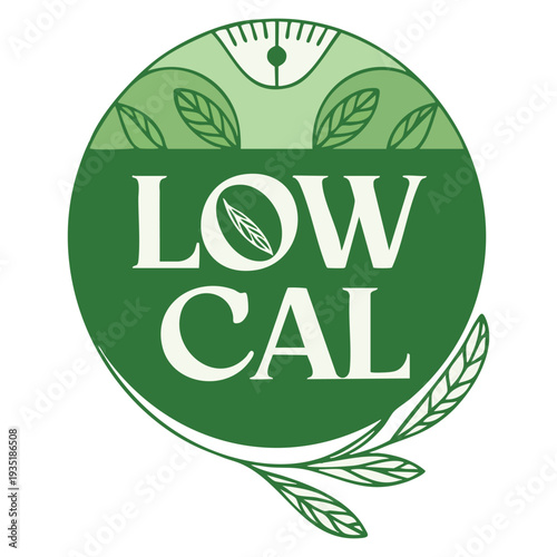 Dietary Low Cal stamp with pin mark and weight scales pictogram, isolated vector emblem for low cal food products and packaging labels
