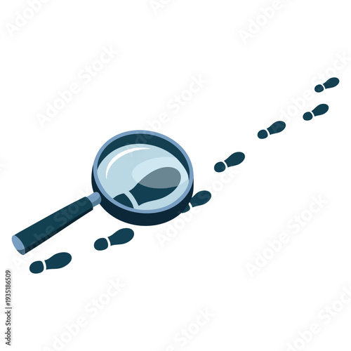 Detective following footprint symbol tracking footsteps with magnifying glass, tracing finding searching for clues investigation concept vector design