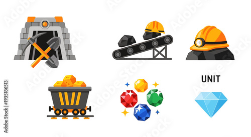 Mining Equipment and Jewels Icons Set.