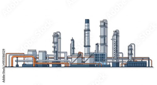Modern industrial factory complex with tall towers and pipelines.