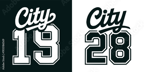 Two versatile graphic design templates with a bold script 'City' text and prominent athletic numbers 19 and 28, perfect for various creative projects.