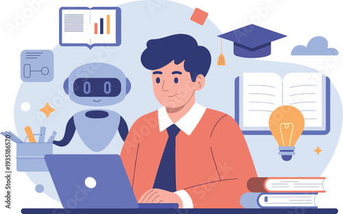 Student learning with technology a robot and academic elements around him