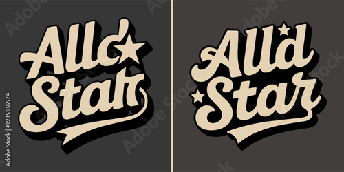 Vintage script typography showcasing two variations of the bold retro all star logo design against a dark background.