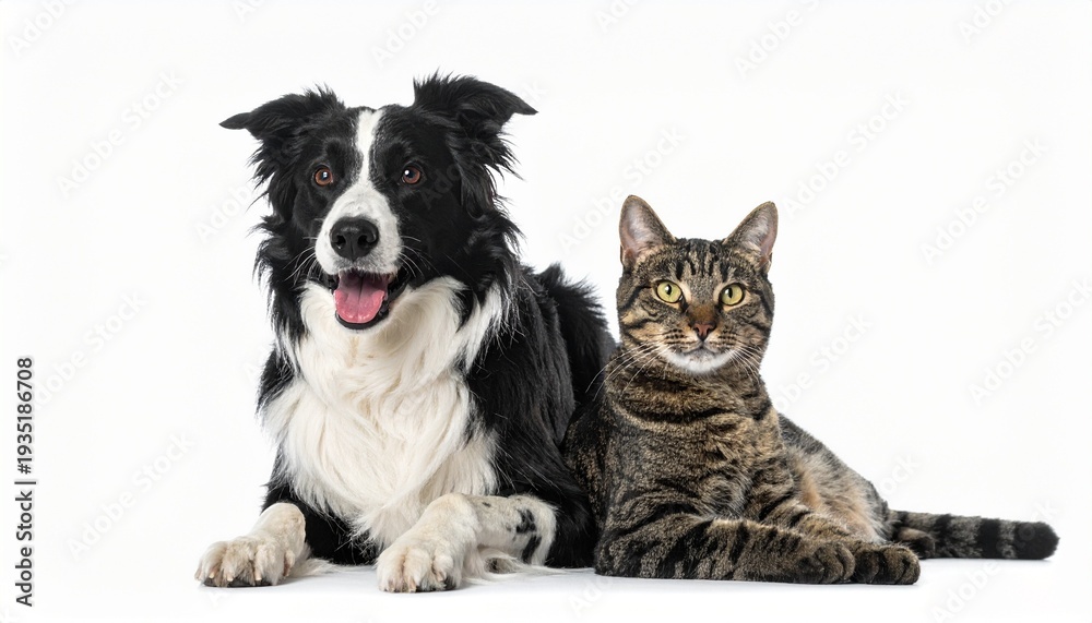 Fototapeta premium Border Collie dog and tabby cat sitting together.