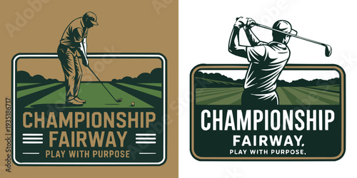 Vintage emblem design featuring two stylized golfers preparing to strike the ball on a manicured green fairway course.