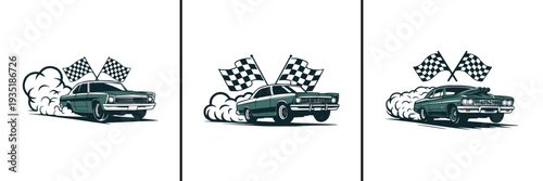 A collection of three stylized illustrations featuring vintage muscle cars with smoke trailing and checkered racing flags celebrating speed.