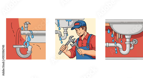 Plumber Fixing Leaking Pipes Under Sink.