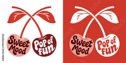 Two vibrantly colored retro-inspired cherry fruit designs with playful typography, one expressing 'sweet mood' and the other a 'pop of fun', perfect for a lively graphic element.