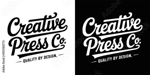 Vintage script lettering logo design for creative press company featuring two color variations perfect for branding projects.