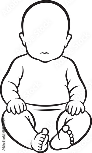 Black and white of a baby sitting with hands on knees line sitting chubby cheeks no facial simple