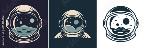 Collection of three stylized astronaut helmet vector illustrations reflecting outer space exploration and cosmic adventure themes