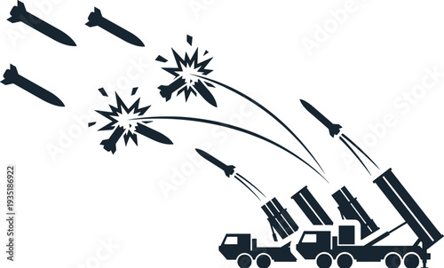 Flat vector illustration of missile defense vehicles, interceptor launch, military technology, global security, war prevention, strategic defense system interception scene