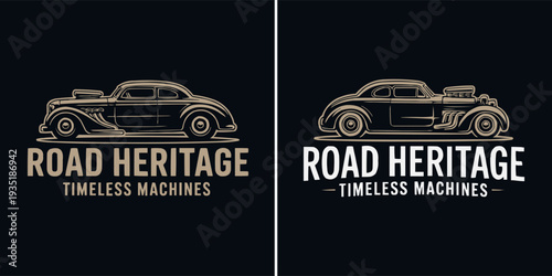 Vintage hot rod car logo design showcasing classic American automotive engineering and road heritage style.