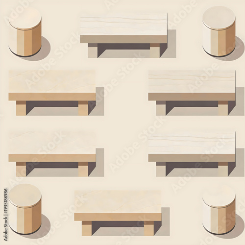 Minimalist top down isometric layout of stone or wooden benches and cylindrical stools