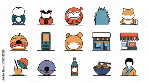 Collection of fifteen distinct colorful flat design icons representing Japanese culture food technology and stylized characters