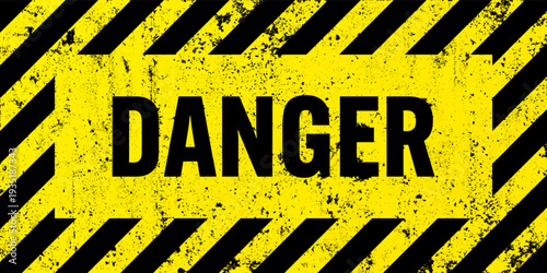 Warning sign with yellow and black diagonal lines. Attention, danger or caution symbol. Construction site signage, road safety notice, hazard banner, security alert shield. Vector illustration