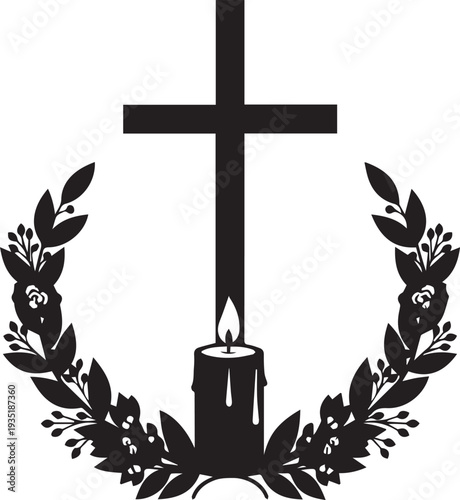 Cross with candle and wreath vector silhouette illustration line art memorial