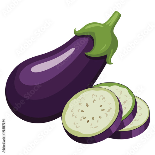 Eggplant vegetables whole fruit and slices cartoon flat icon vector illustration isolated on white ideal for kitchen healthy food and grocery design