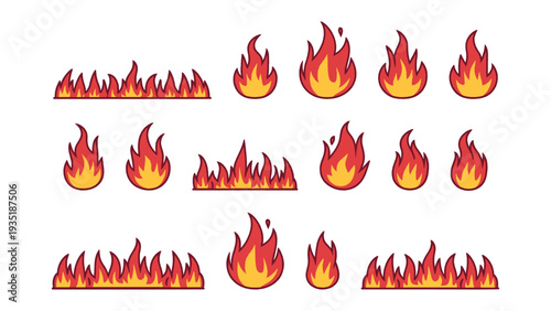 Collection of stylized red and yellow fire icons and flame border graphics for various design projects