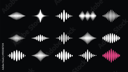 Modern collection of abstract sound wave visual elements and equalizer graphics representing audio signals, vibrations, and digital frequencies for creative media projects