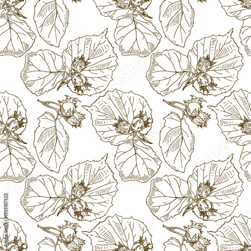 Hazelnut seamless pattern. Square vector illustration with brown nuts and leaves.