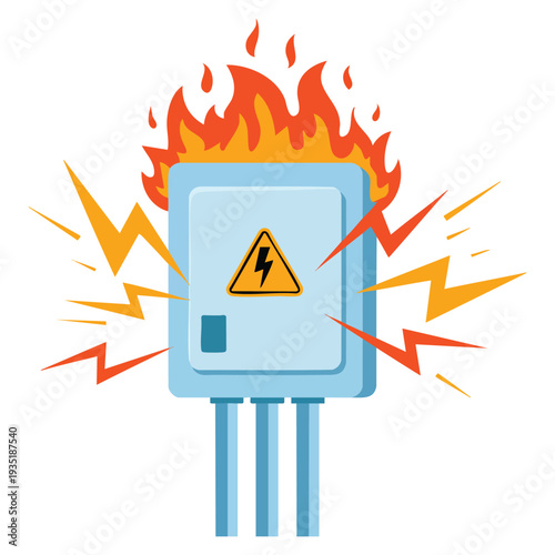 Electrical panel caught on fire damaged switchboard danger situation high voltage vector illustration for safety awareness and accident concept