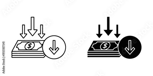 Financial growth and investment concept with money stack and downward arrows for profit increase and business success