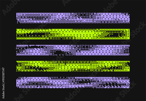 Bitmap border set. Green, violet Halftone header, footer collection. Pixelated horizontal stripes for poster, web, cover. Halftone decoration element. Dither pixel banner. Vector retro Illustration
