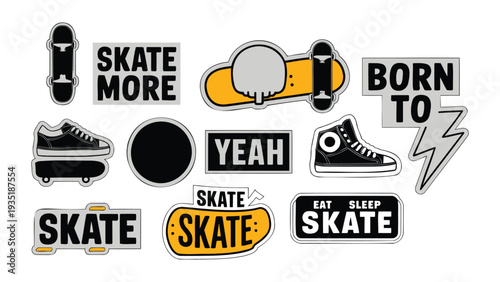 A vibrant collection of graphic design elements for skateboarding culture, featuring skateboards, shoes, and motivational phrases, perfect for apparel and youth-focused projects.