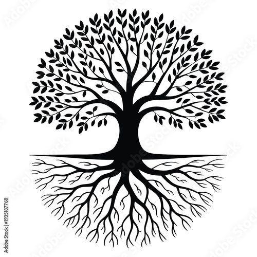 Elegant tree design featuring detailed crown and sprawling root system vector illustration ideal for nature growth ecology and artistic themes