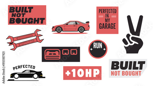 This vibrant vector illustration set captures the spirit of car customization, showcasing stylized sports cars, essential mechanic tools, and empowering slogans for dedicated automotive enthusiasts.